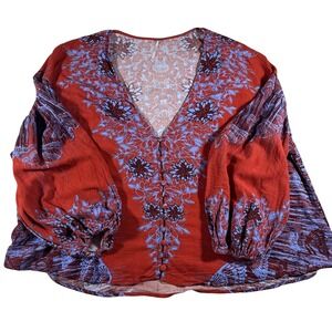 Free People Orange Blue Floral Bird Print Balloon Sleeve Button Front Blouse S